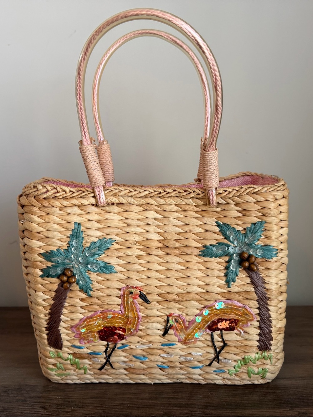 Panama Jack Woven Straw Tote w/ Pink Handles Flamingos & Palm Trees - Picture 6 of 6